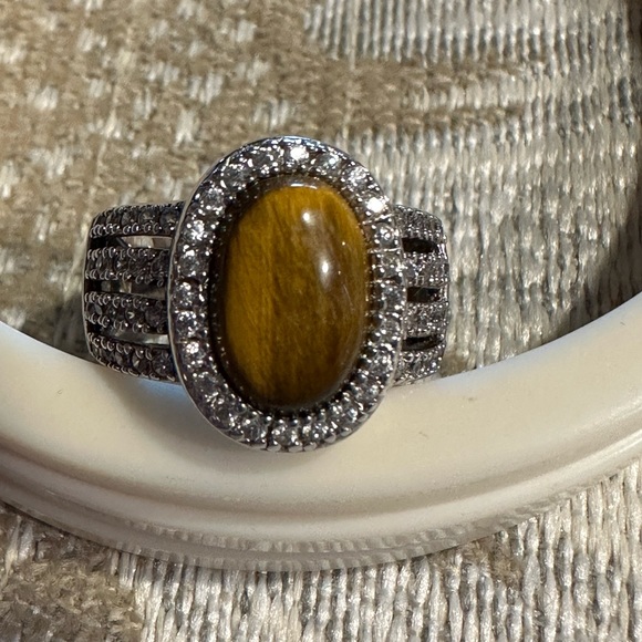 ESPO 925 Sterling Silver CZ Tiger Eye ring - size 7 - Picture 6 of 11